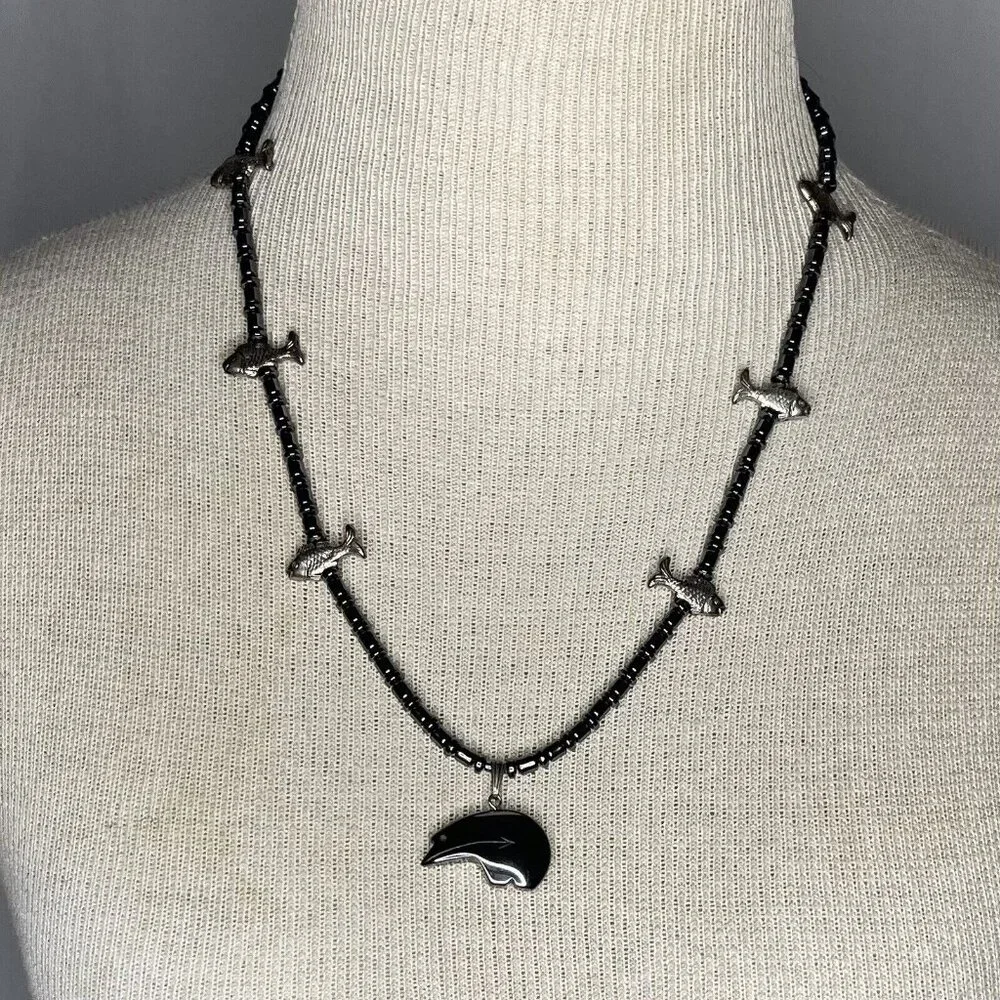 Southwest Hematite Native Fetish Bear w Fishes Set Necklace, Drop Earrings 21" L - Picture 1 of 7
